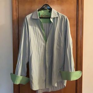 Robert Graham/light grey & lime striped cotton button up men’s shirt. Beautiful